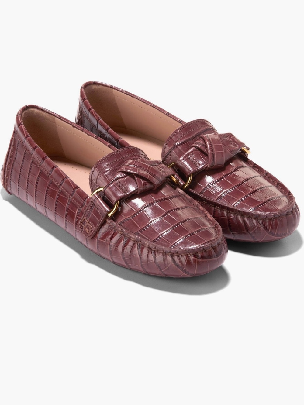 Cole Haan Emmie Knot Driver Loafers - Mahogany Croc Print Leather